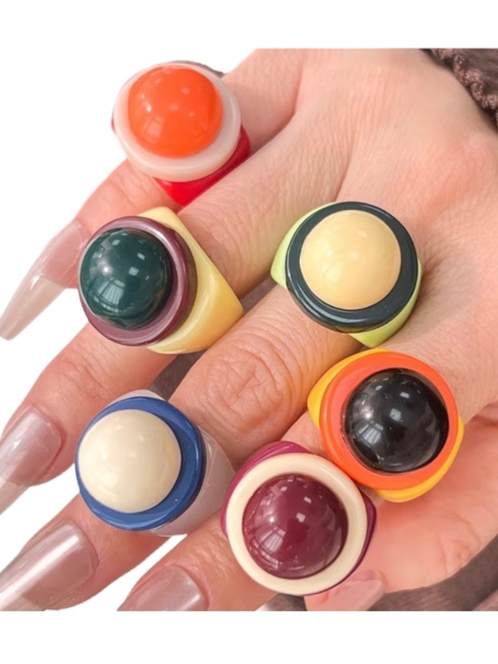 Retro Mod Acrylic Bubble Dome Ring Set 6pc Colorful Statement Y2K Bundle New - Picture 2 of 3